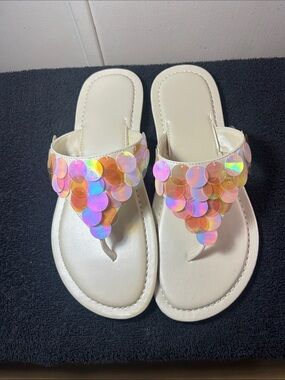 Iridescent Sequin White Flip Flop Sandals